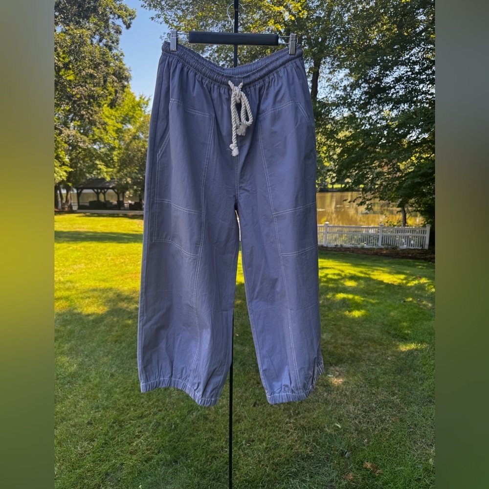 NWT Oddi Blue Jogger Pants Rope Drawstring Contrast Stitch Barrel Utility Casual